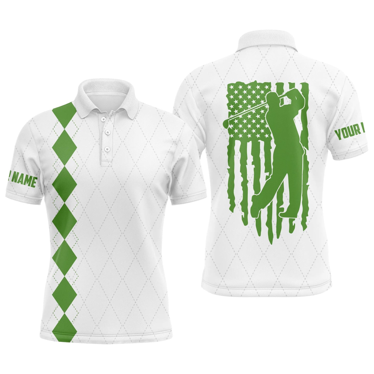 Golf Men Polo Shirt - Custom Name Green American Flag Apparel - Personalized Gift For Golf Lover, Team, Husband, Boyfriend, Men, Patriotic, 4th July