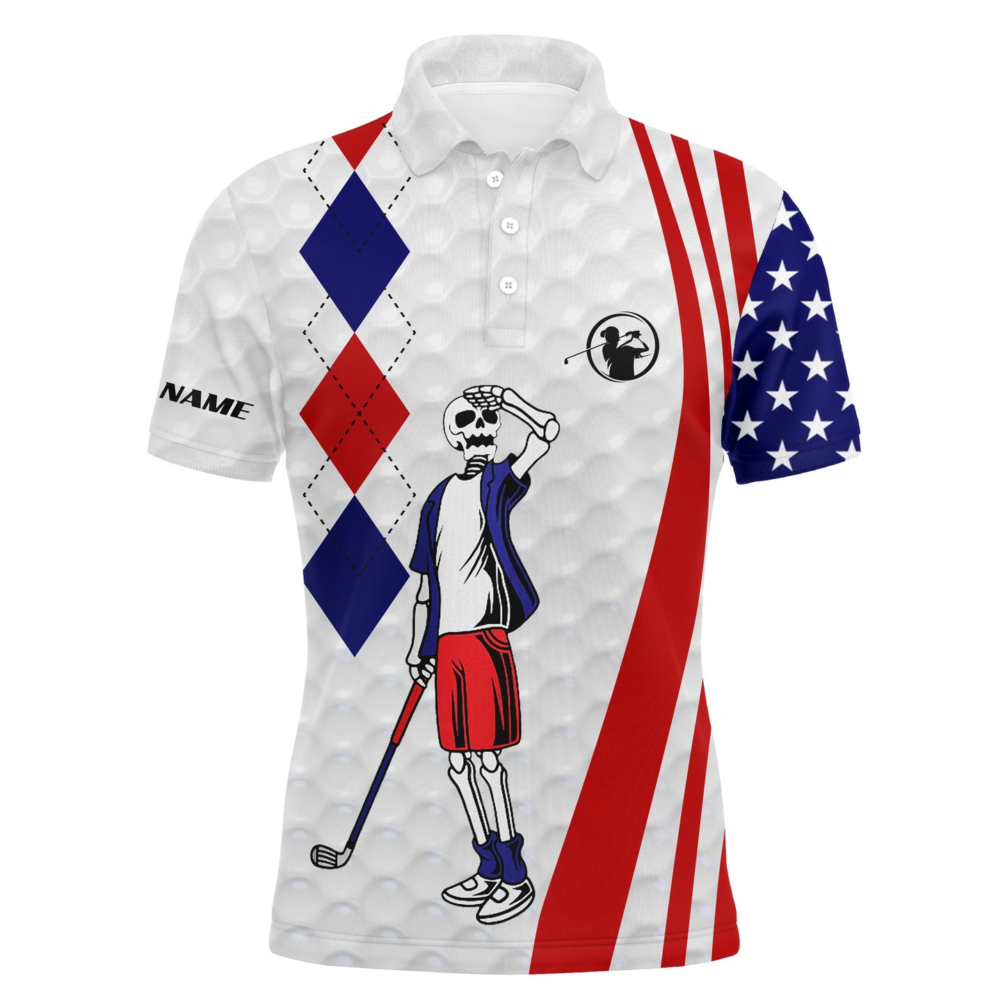 Golf Men Polo Shirt - American Flag 4th July Skull Custom Name Apparel - Personalized Gift For Golf Lover, Men, Husband, Patriot, Independence Day