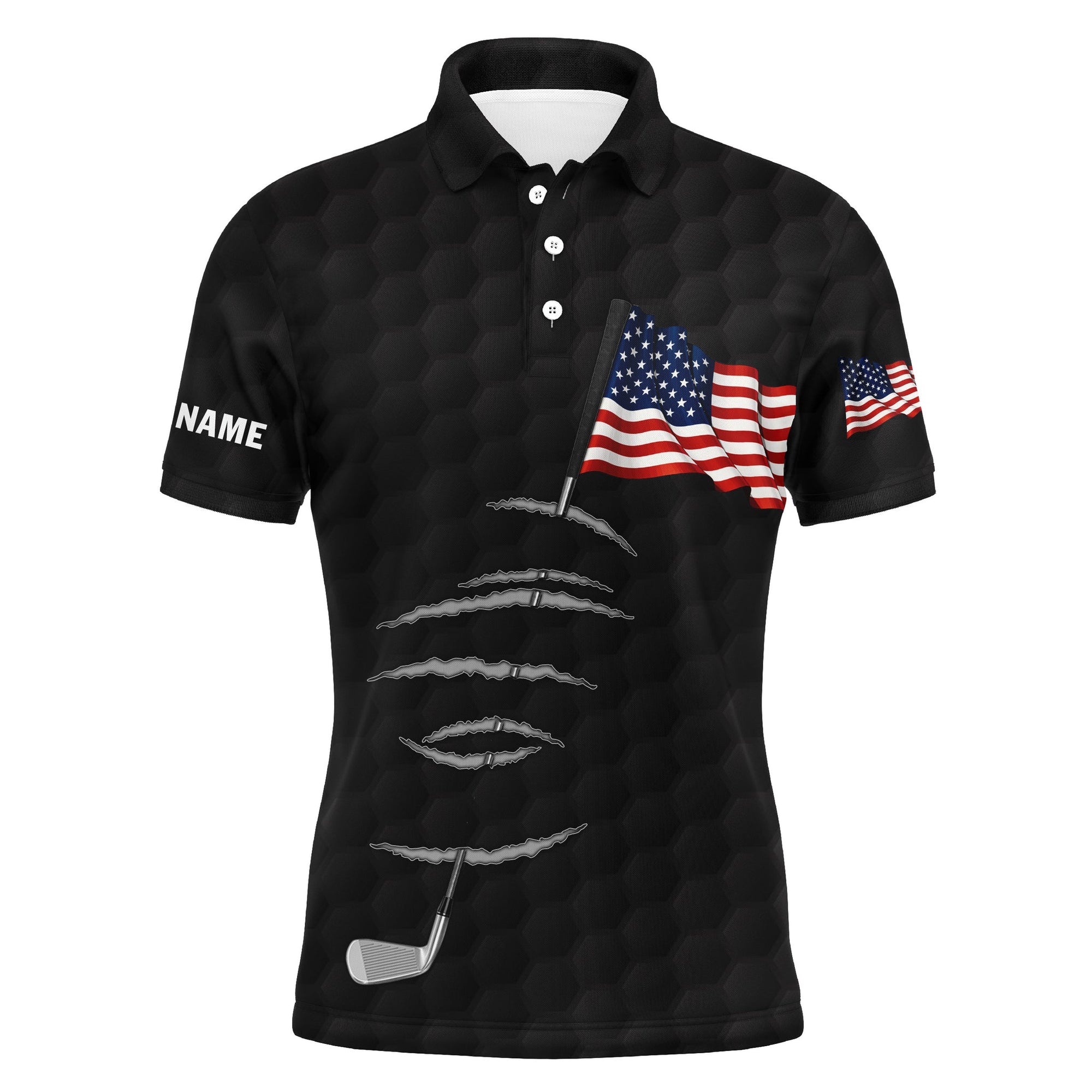 Golf Men Polo Shirt - Golf Clubs American Flag 4th July Custom Name Apparel - Personalized Gift For Golf Lover, Team, Golfers, Patriotic