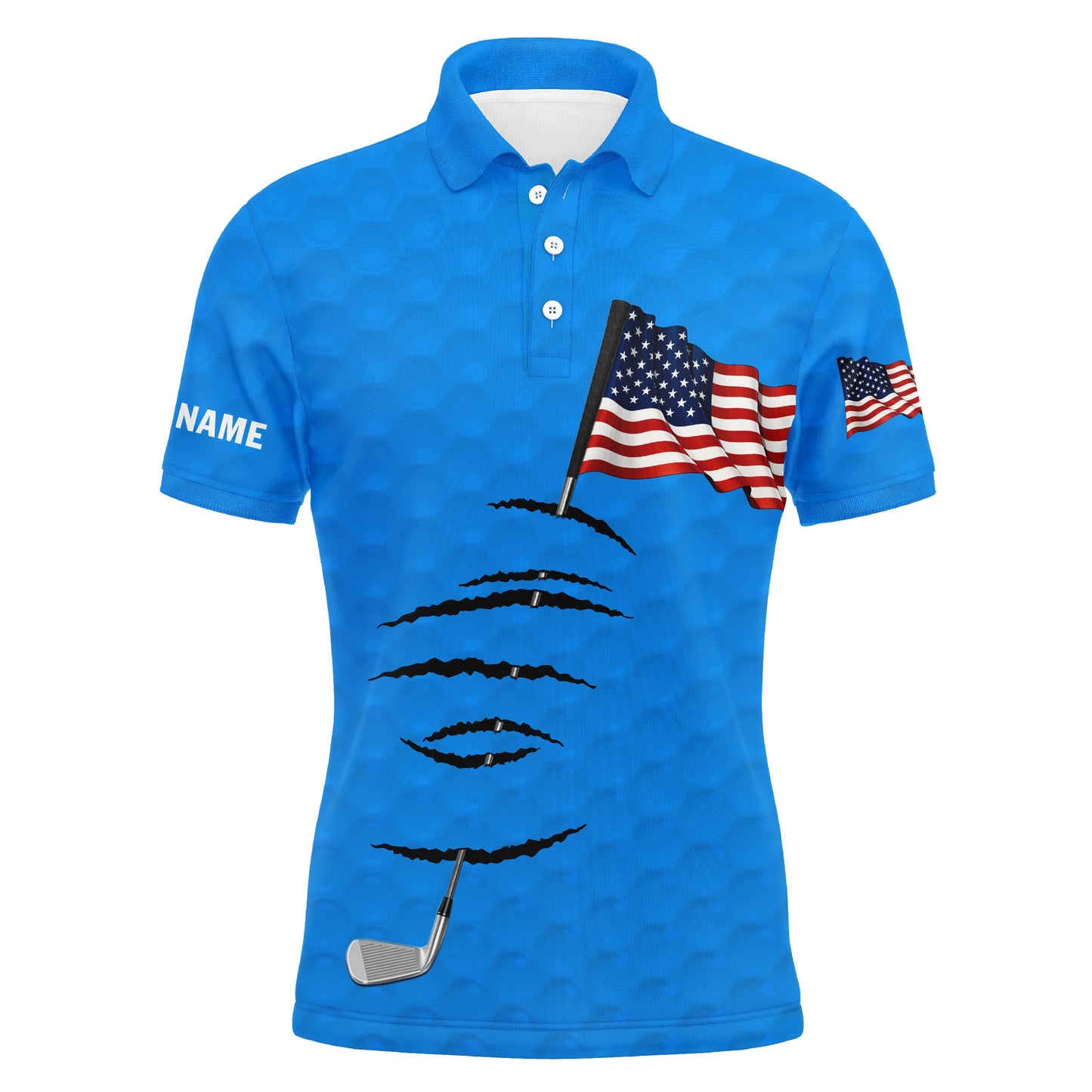 Golf Men Polo Shirt - American Flag 4th July Custom Name Blue Apparel - Personalized Gift For Golf Lover, Men, Dad, Husband, Patriot, Independence Day