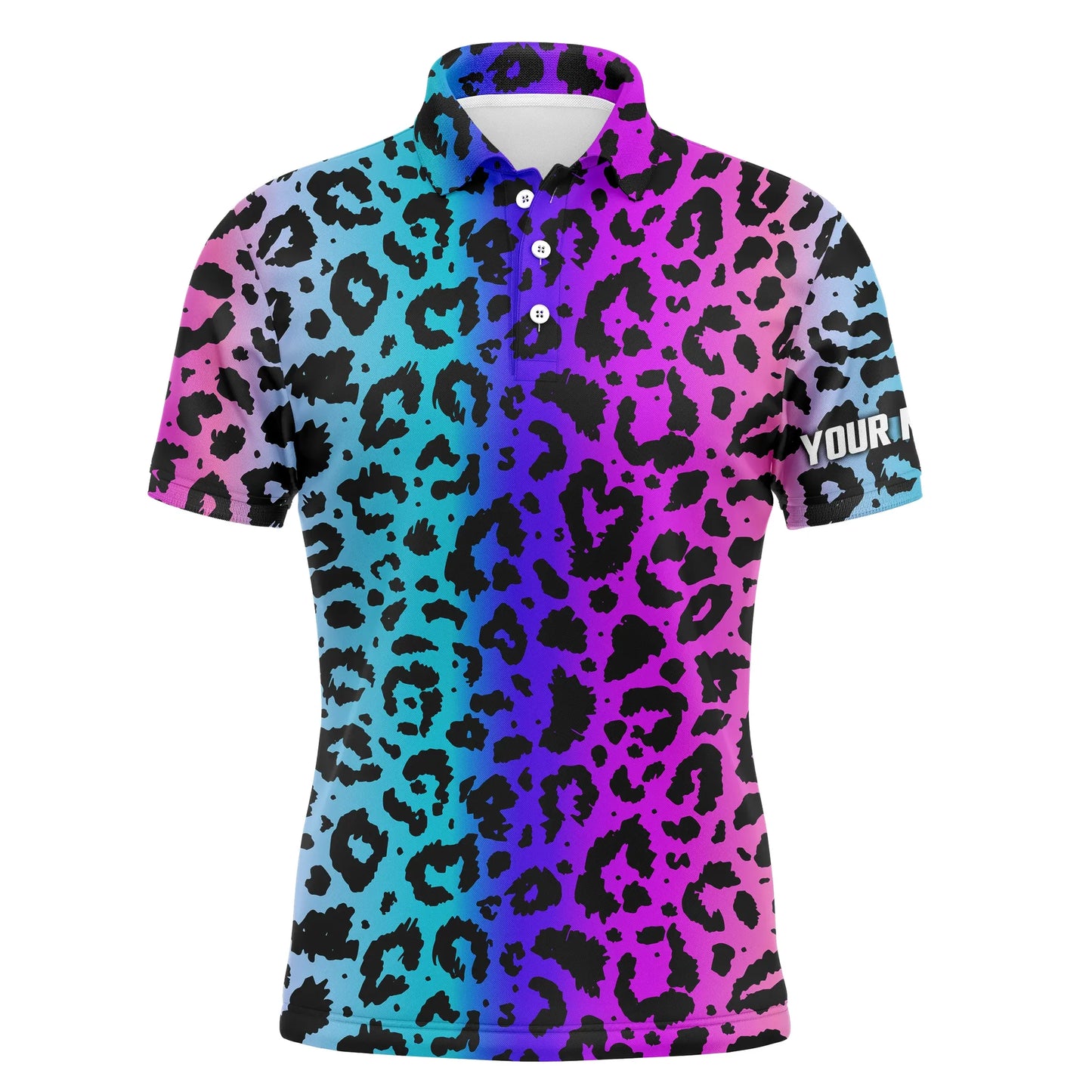 Golf Men Polo Shirt - Custom Name Colorful Neon Gradient Leopard Pattern Apparel - Personalized Gift For Golf Lover, Team, Husband, Boyfriend, Men