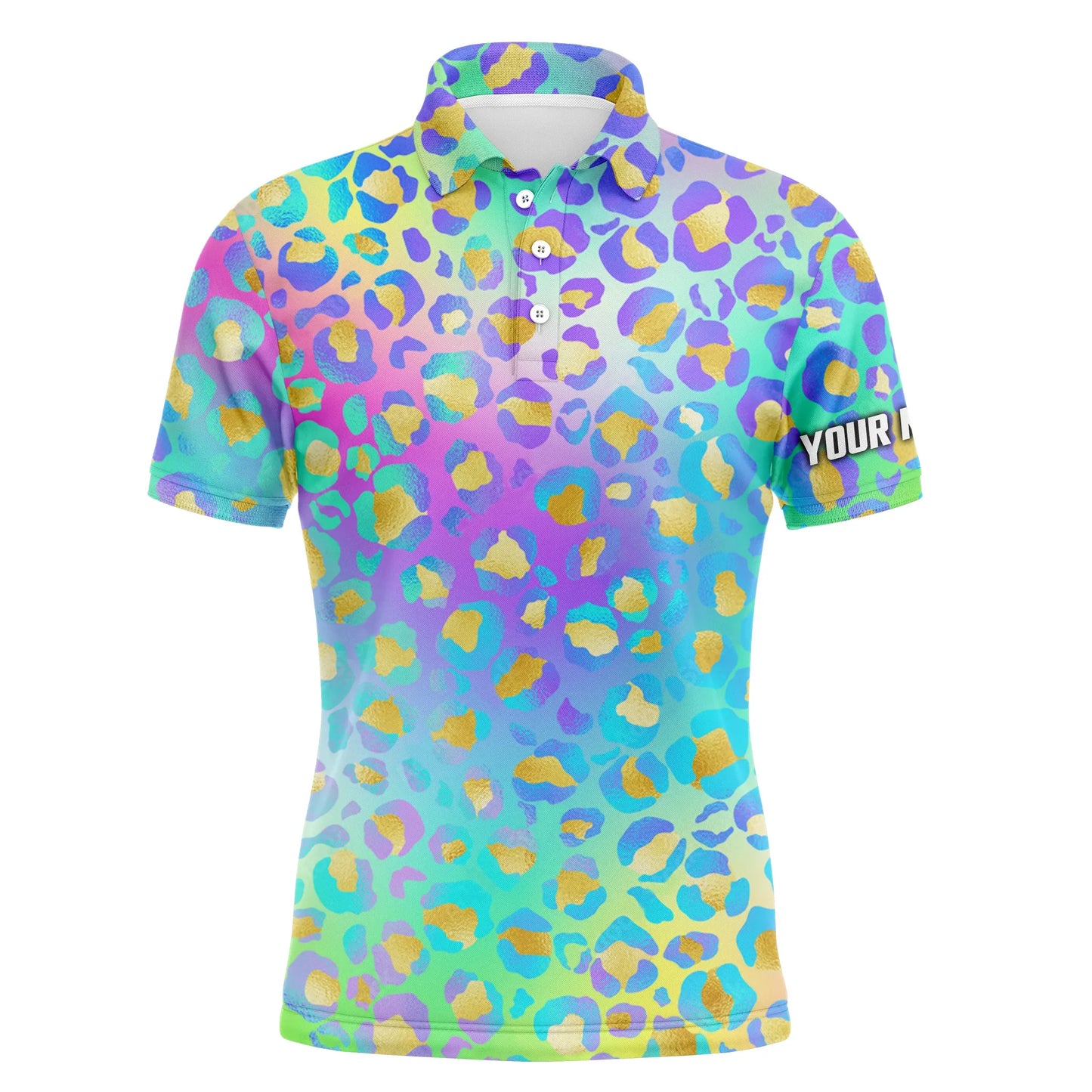 Golf Men Polo Shirt - Custom Name Multicolor Neon Leopard Pattern Apparel - Personalized Gift For Golf Lover, Team, Husband, Boyfriend, Men