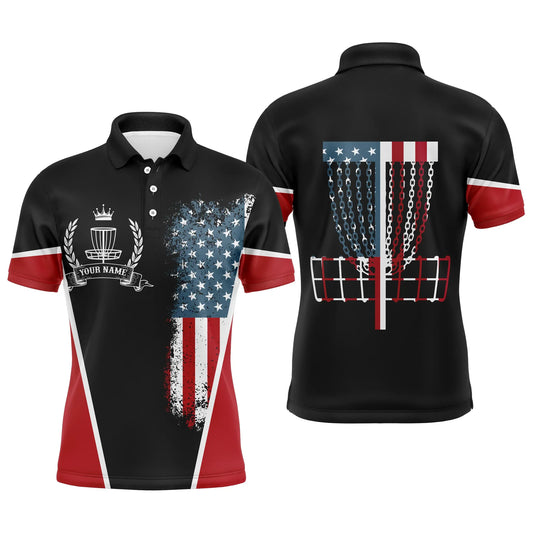 Disc Golf Men Polo Shirt - Custom Name American Flag with Disc Golf Basket Apparel - Personalized Gift For Disc Golf Lover, Team, Patriotic, 4th July
