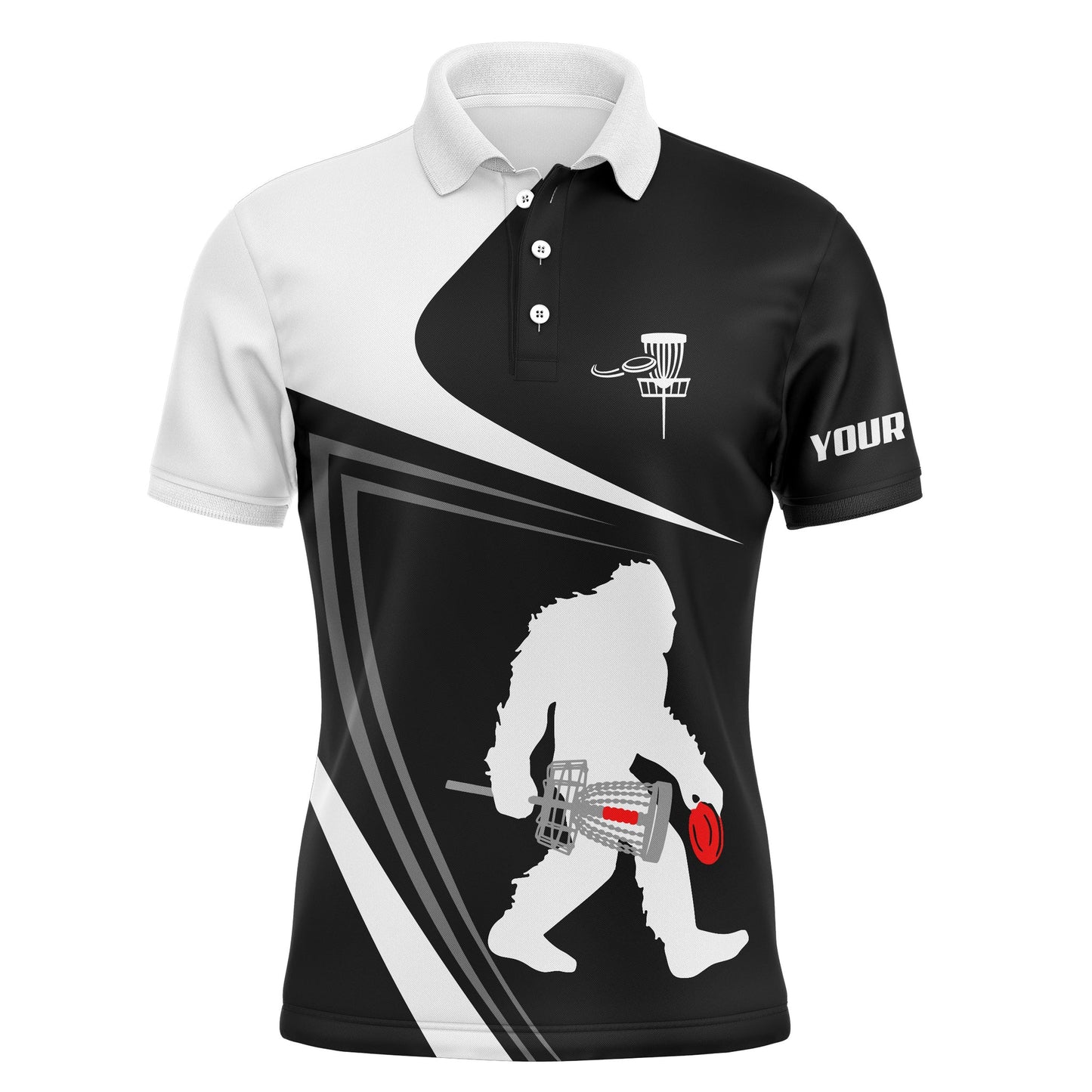 Disc Golf Men Polo Shirt - Custom Name Black And White Bigfoot Sasquatch Funny Apparel - Personalized Sports Gift For Disc Golf Lover, Male, Husband