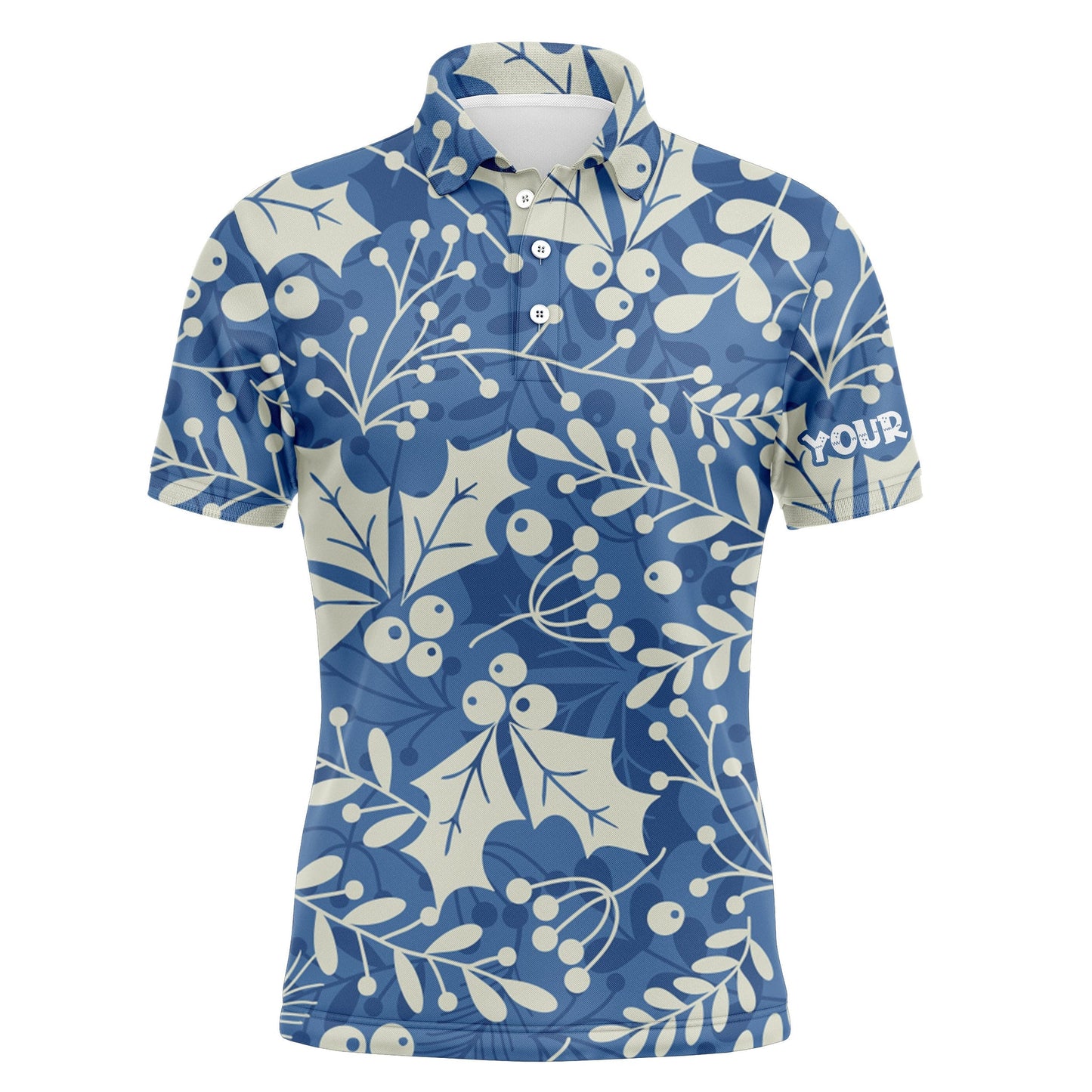 Golf Men Polo Shirt - Custom Name Christmas Holly Leaves And Berries Pattern Apparel - Personalized Gift For Golf Lover, Team, Husband, Boyfriend