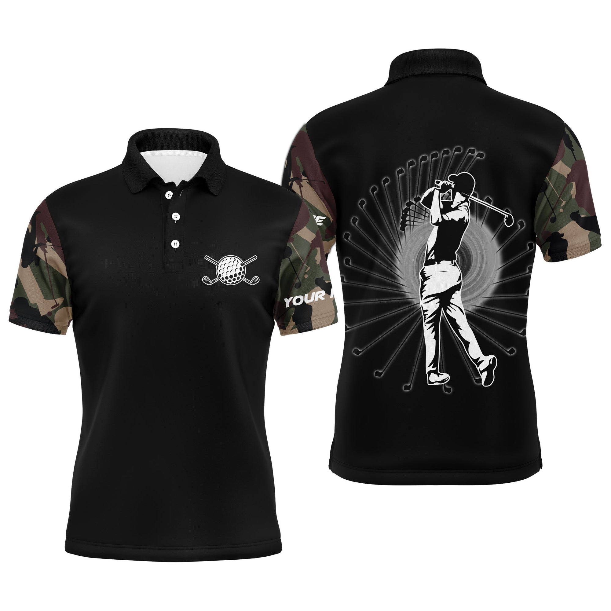 Golf Custom Name Men Polo Shirt - Camo Black Pattern Men Golfing Apparel - Personalized Best Gift For Golf Lover, Team, Golfer