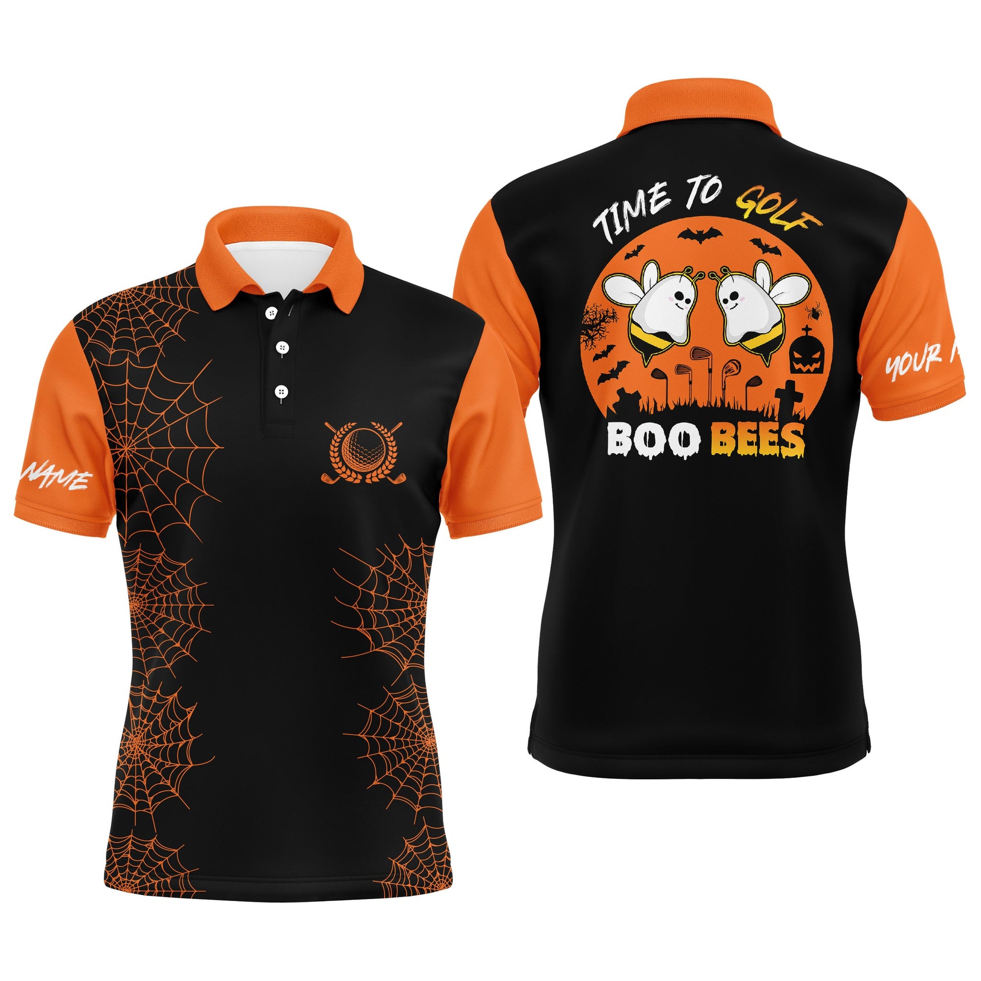 Funny Black Orange Halloween Custom Name Golf Men Polo Shirt - Personalized Gift For Golf Lover, Team, Golfer - Time To Golf Boo Bees