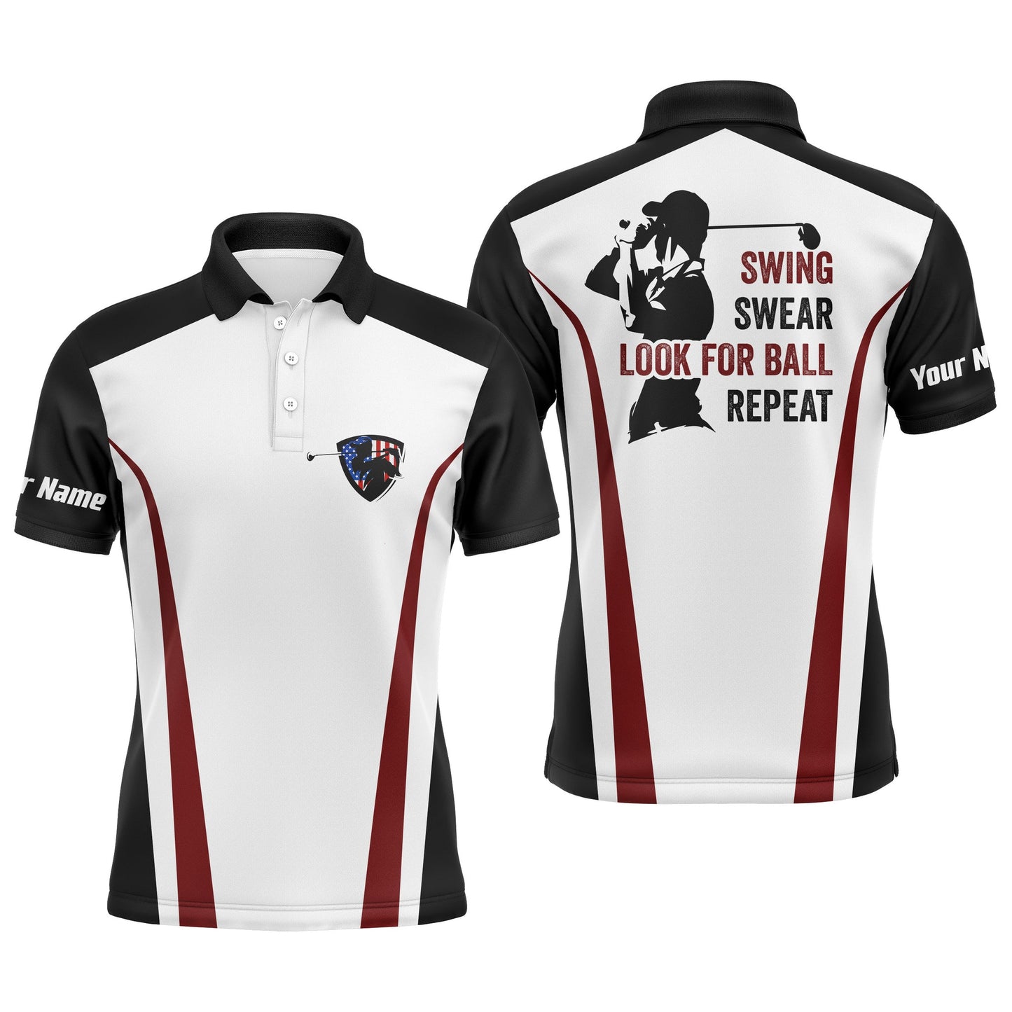 Golf Men Polo Shirt - Funny Custom Name Black White Red Apparel - Personalized Gift For Golf Lover, Male, Team - Swing Swear Look For Ball Repeat