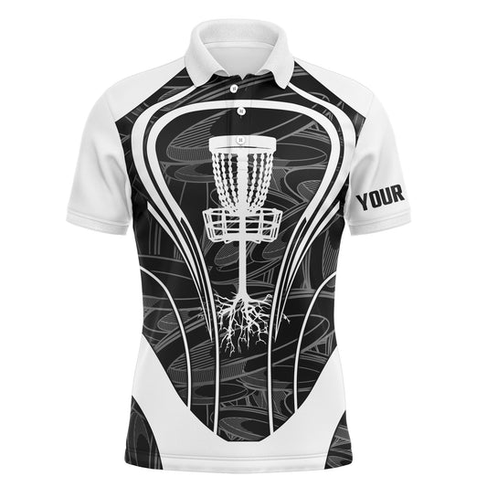 Disc Golf Men Polo Shirt -  Black And White Disc Golf Basket Custom Name Apparel - Personalized Gift For Disc Golf Lover, Team, Husband, Boyfriend