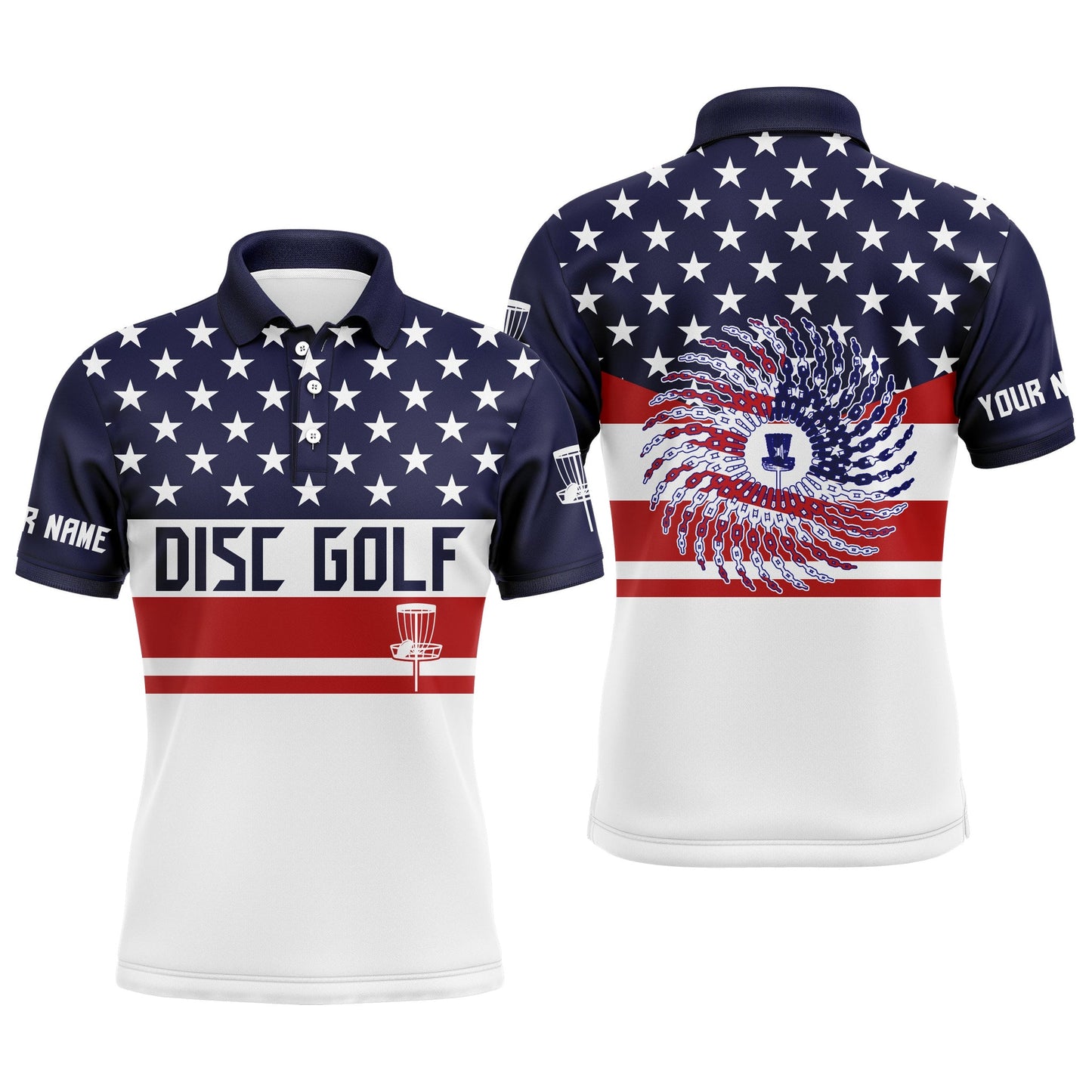 Disc Golf Men Polo Shirt - Custom Name American Flag Patriot Apparel - Personalized Gift For Disc Golf Lover, Men, Husband, Team