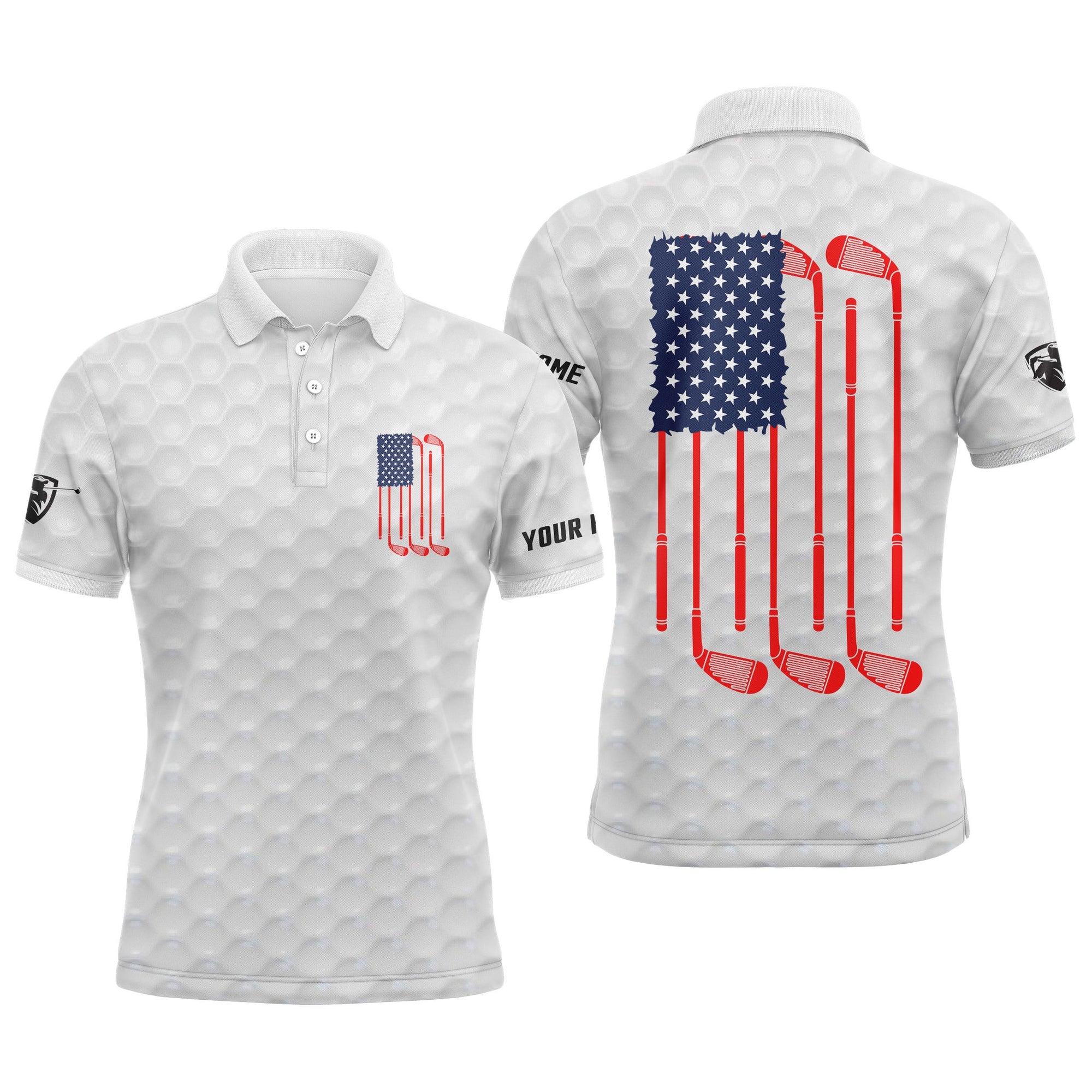 Golf Custom Name Men Polo Shirt - Patriotic American Flag Golf Clubs White Apparel - Personalized Best Gift For Golf Lover, Team, Golfer, 4th July