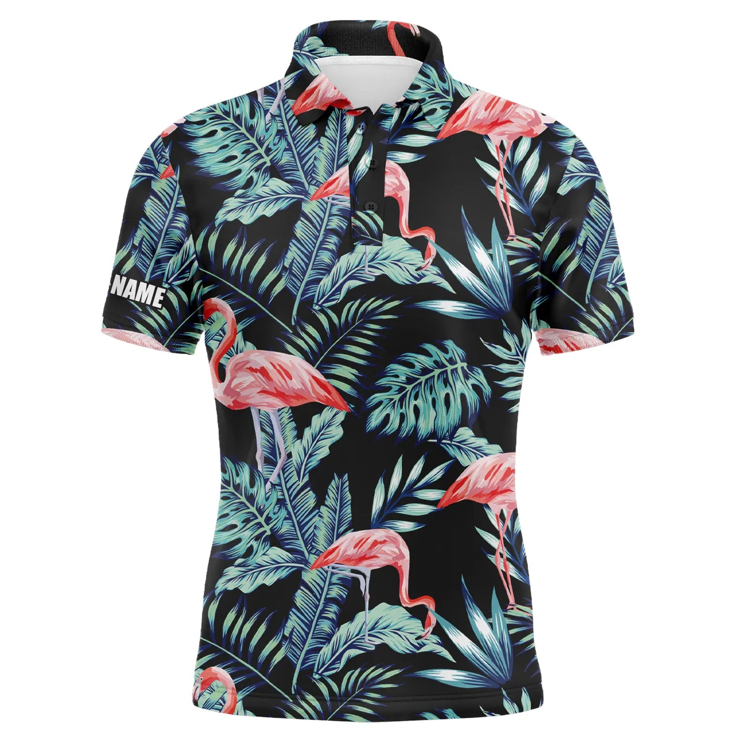 Golf Men Polo Shirt - Blue Forest Jungle Pattern Pink Flamingo Custom Name Apparel - Personalized Gift For Golf Lover, Team, Husband, Boyfriend, Dad
