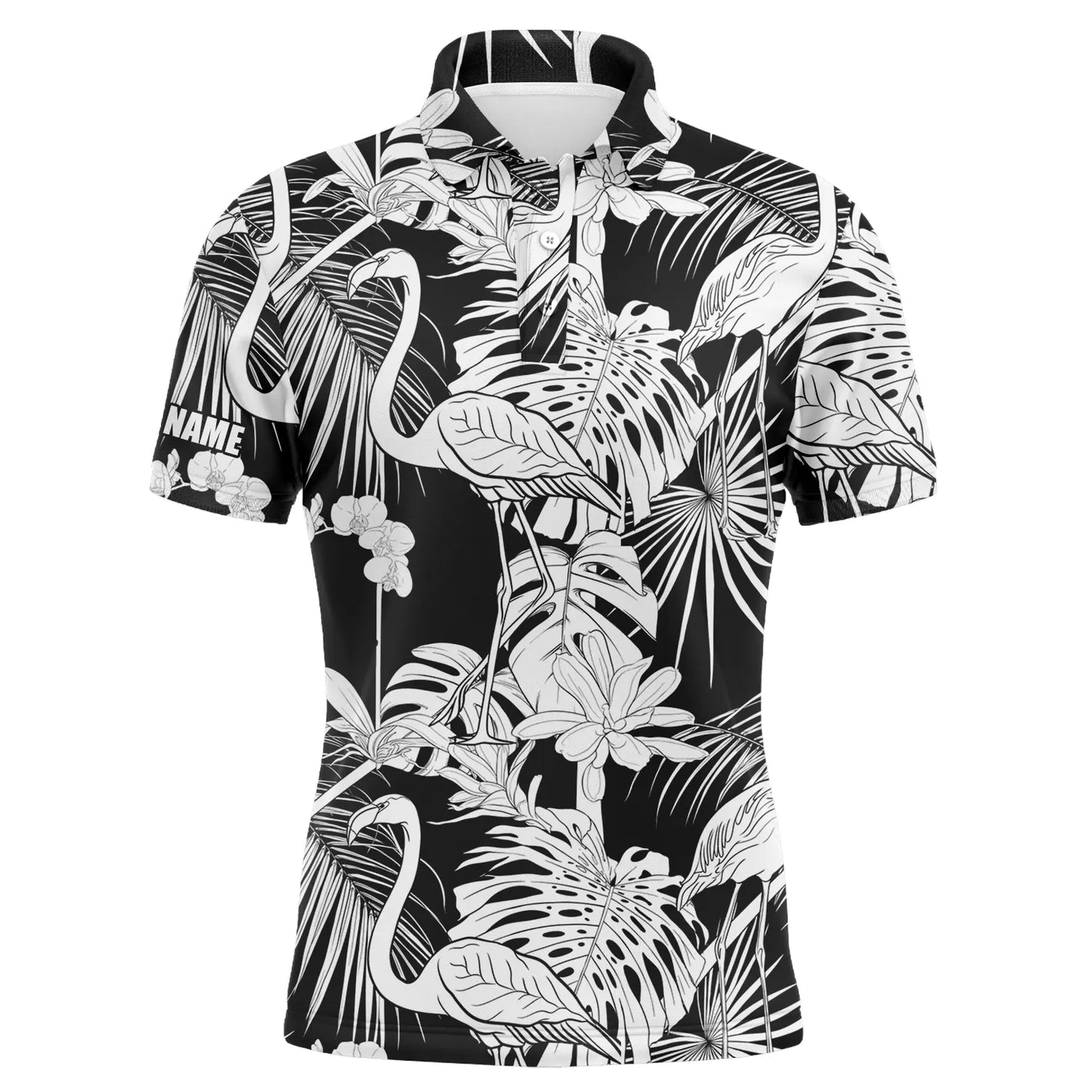 Golf Men Polo Shirt - Black And White Tropical Plants Flamingo Custom Name Apparel - Personalized Gift For Golf Lover, Team, Husband, Boyfriend, Dad