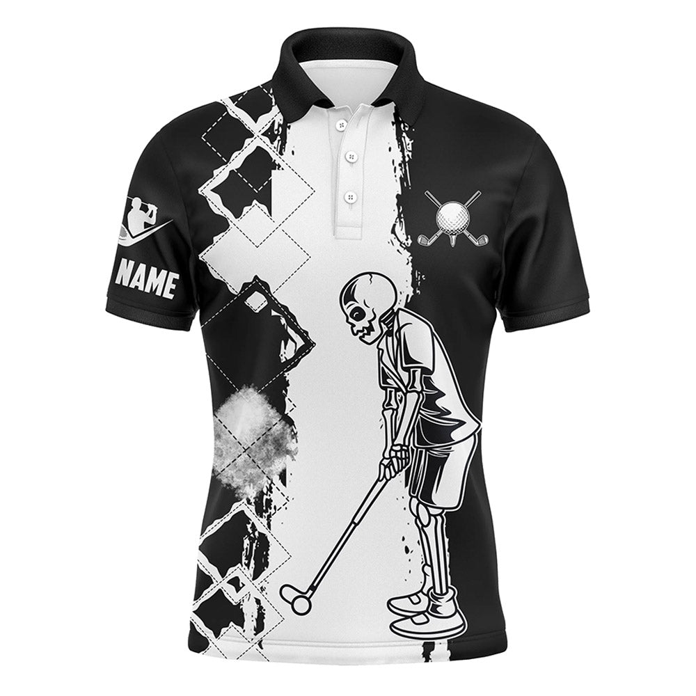 Golf Men Polo Shirt - Black And White Mens Skull Golfing Custom Name Apparel - Personalized Gift For Golf Lover, Team, Golfer