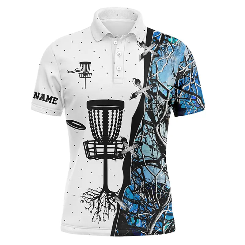 Disc Golf Men Polo Shirt - Custom Name Blue Black Camo Disc Golf Basket Apparel - Personalized Gift For Disc Golf Lover, Men, Husband, Team