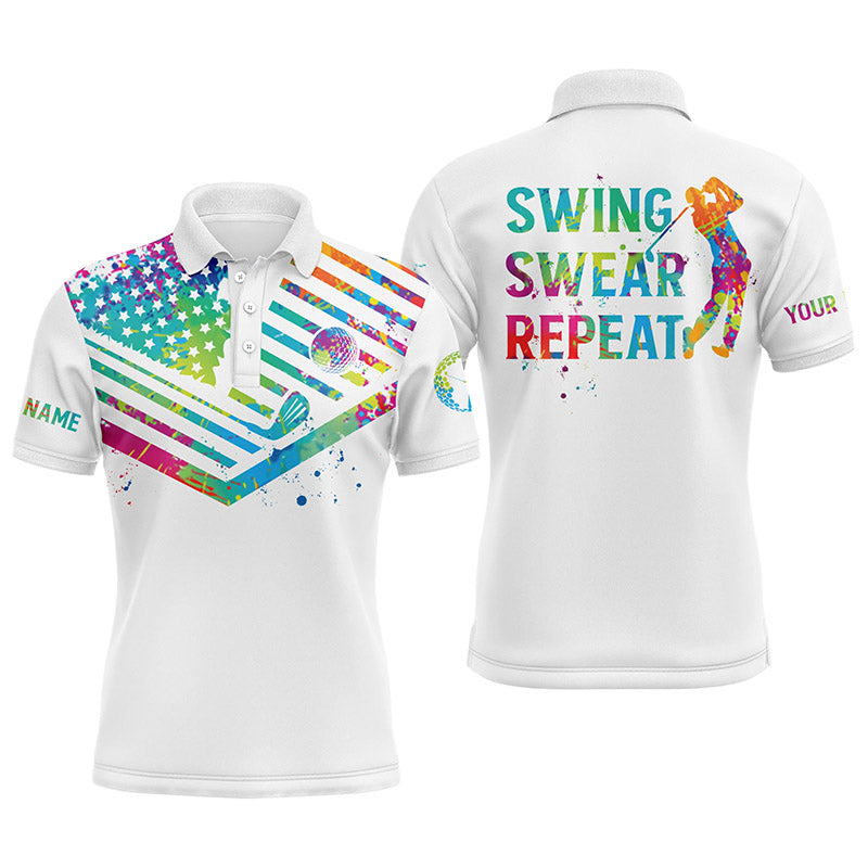 Golf Men Polo Shirt - Watercolor American Flag Custom Name White Apparel - Personalized Gift For Golf Lover, Team, Golfer - Swing Swear Repeat