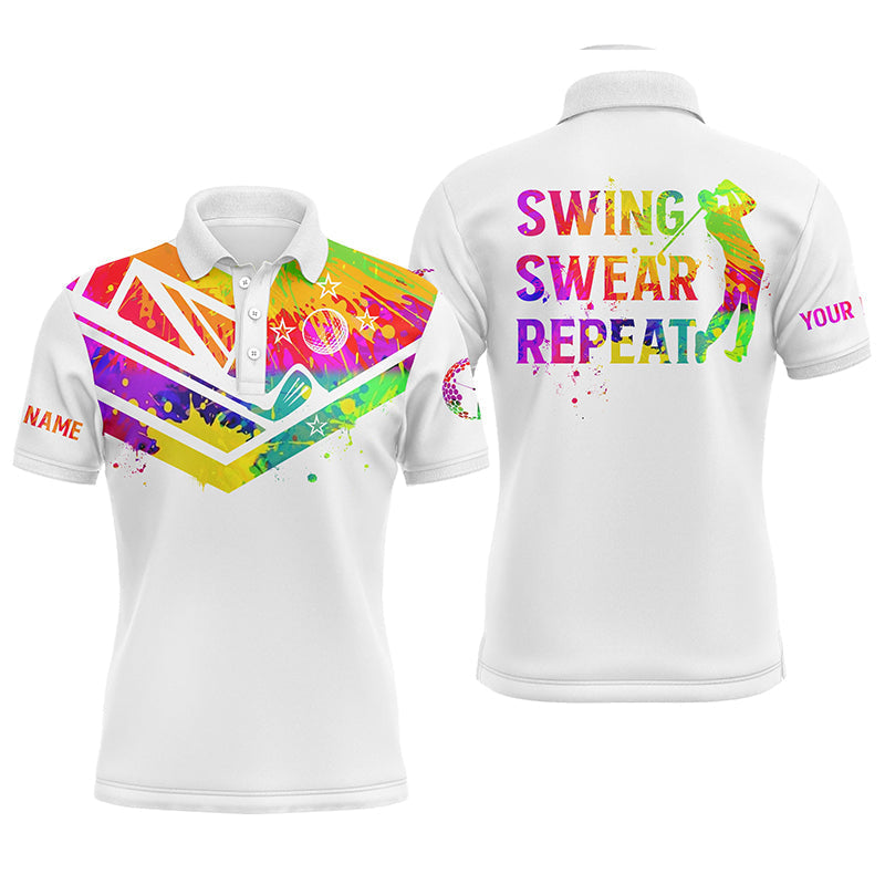 Golf Men Polo Shirt - Watercolor New Zealand Flag Custom Name White Apparel - Personalized Gift For Golf Lover, Team, Golfers - Swing Swear Repeat