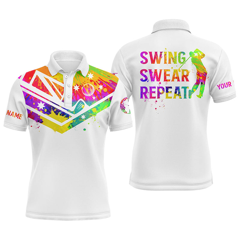 Golf Men Polo Shirt - Watercolor Australia Flag Custom Name White Apparel - Personalized Gift For Golf Lover, Team, Golfers - Swing Swear Repeat
