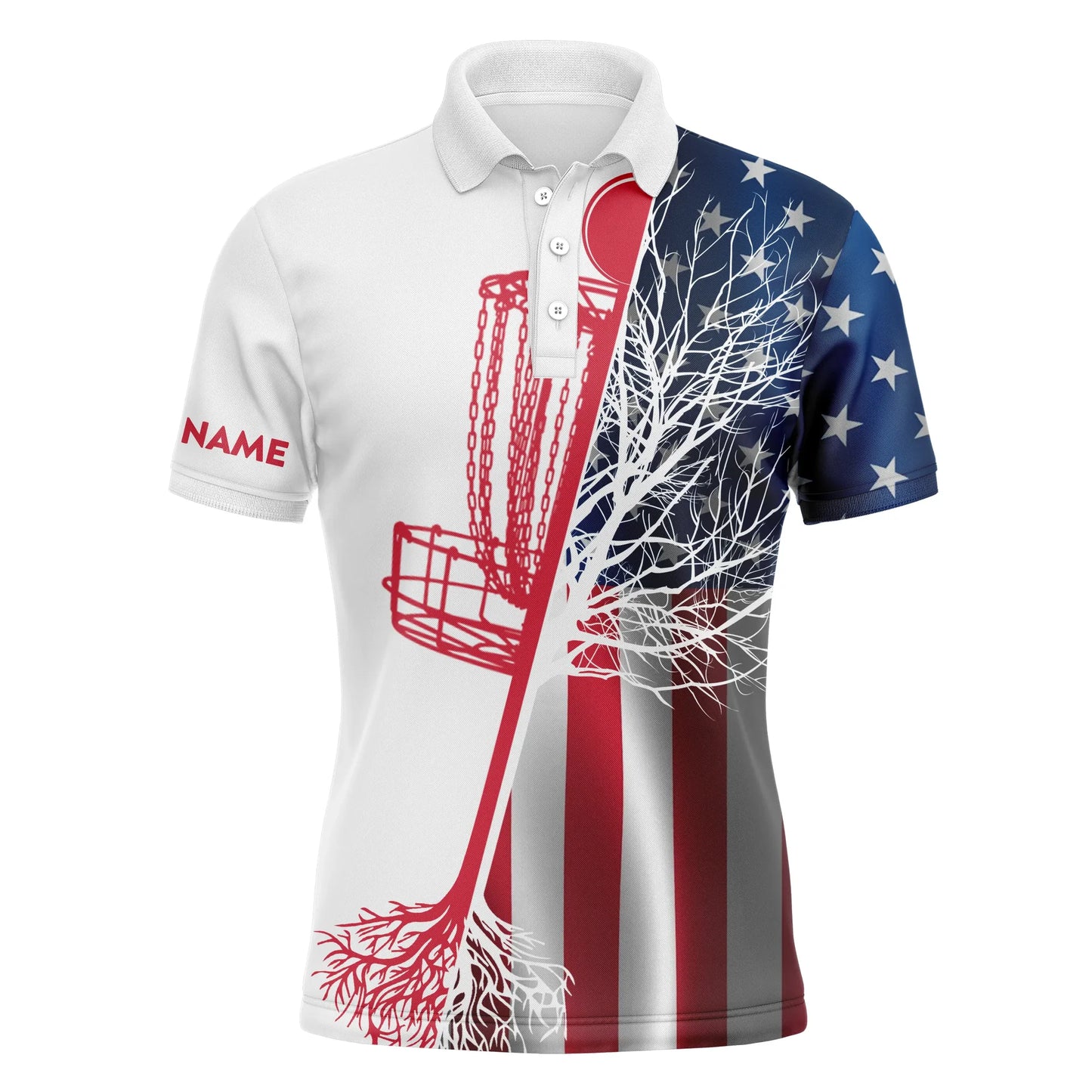Disc Golf Men Polo Shirt - American Flag Disc Golf Basket Custom Name Apparel - Personalized Gift For Disc Golf Lover, Team, 4th July, Patriotic