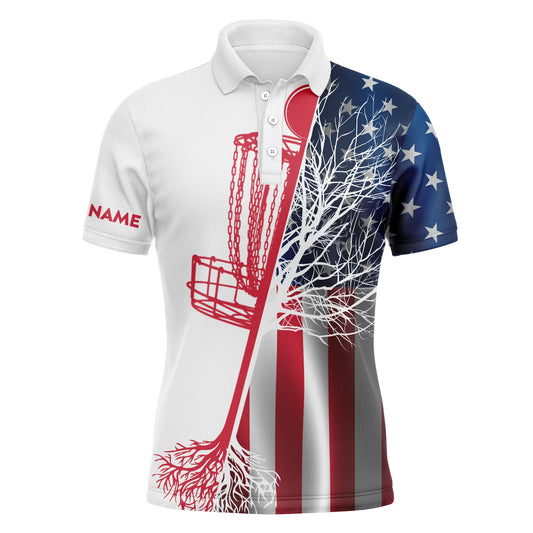 Disc Golf Men Polo Shirt - American Flag Disc Golf Basket Custom Name Apparel - Personalized Gift For Disc Golf Lover, Team, 4th July, Patriotic