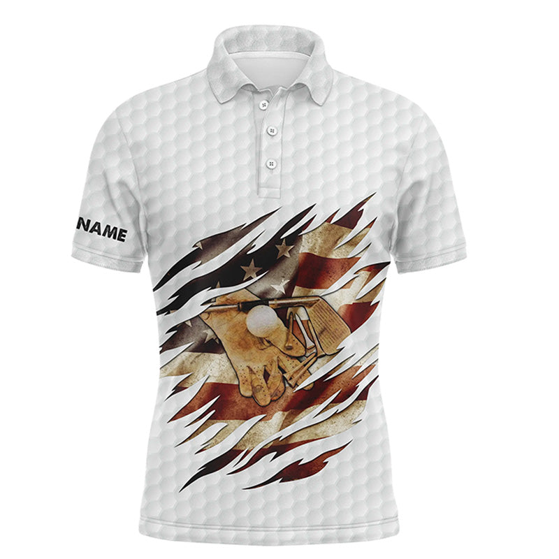 Golf Men Polo Shirt - Vintage American Flag Custom Name Apparel - Personalized Gift For Golf Lover, Team, Golfers, Patriotic, 4th July