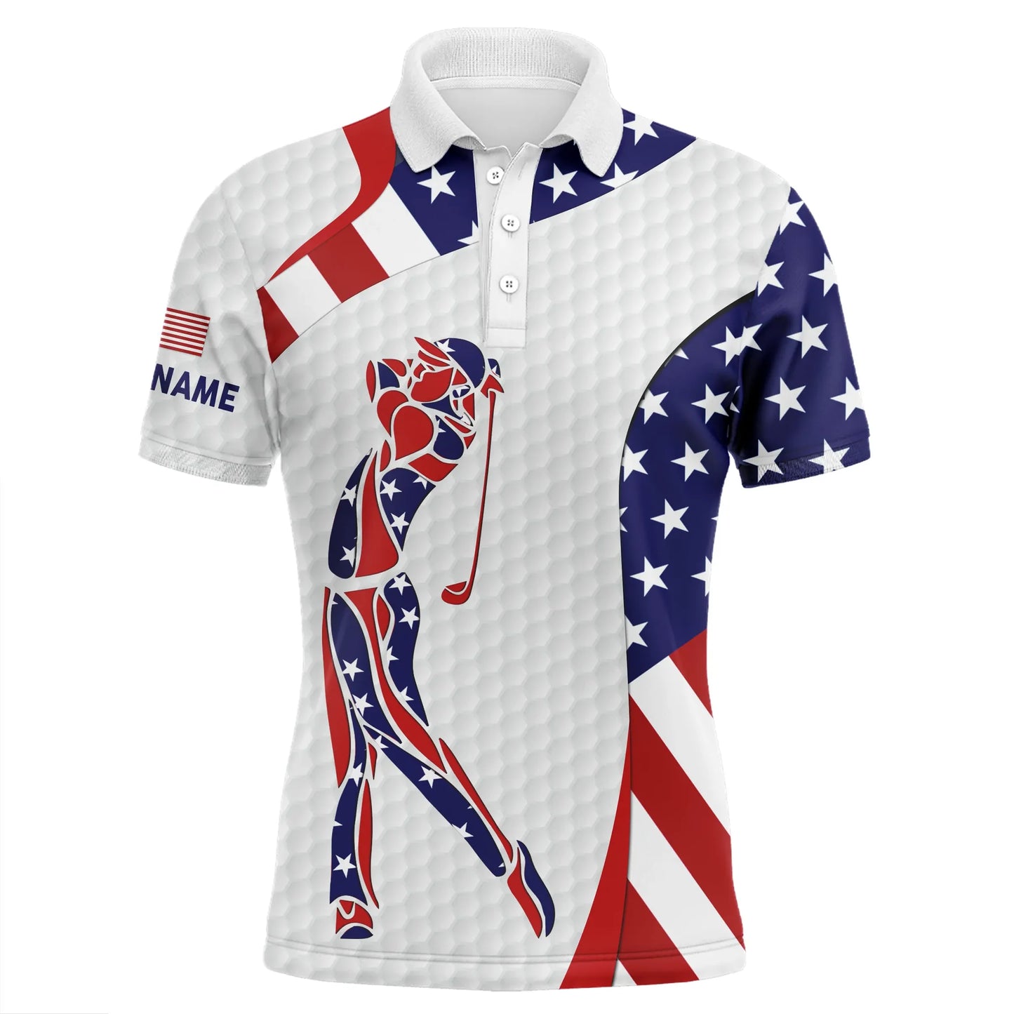 Golf Men Polo Shirt - Custom Name American Flag White Apparel - Personalized Gift For Golf Lover, Team, Husband, Boyfriend, Men, Patriotic, 4th July