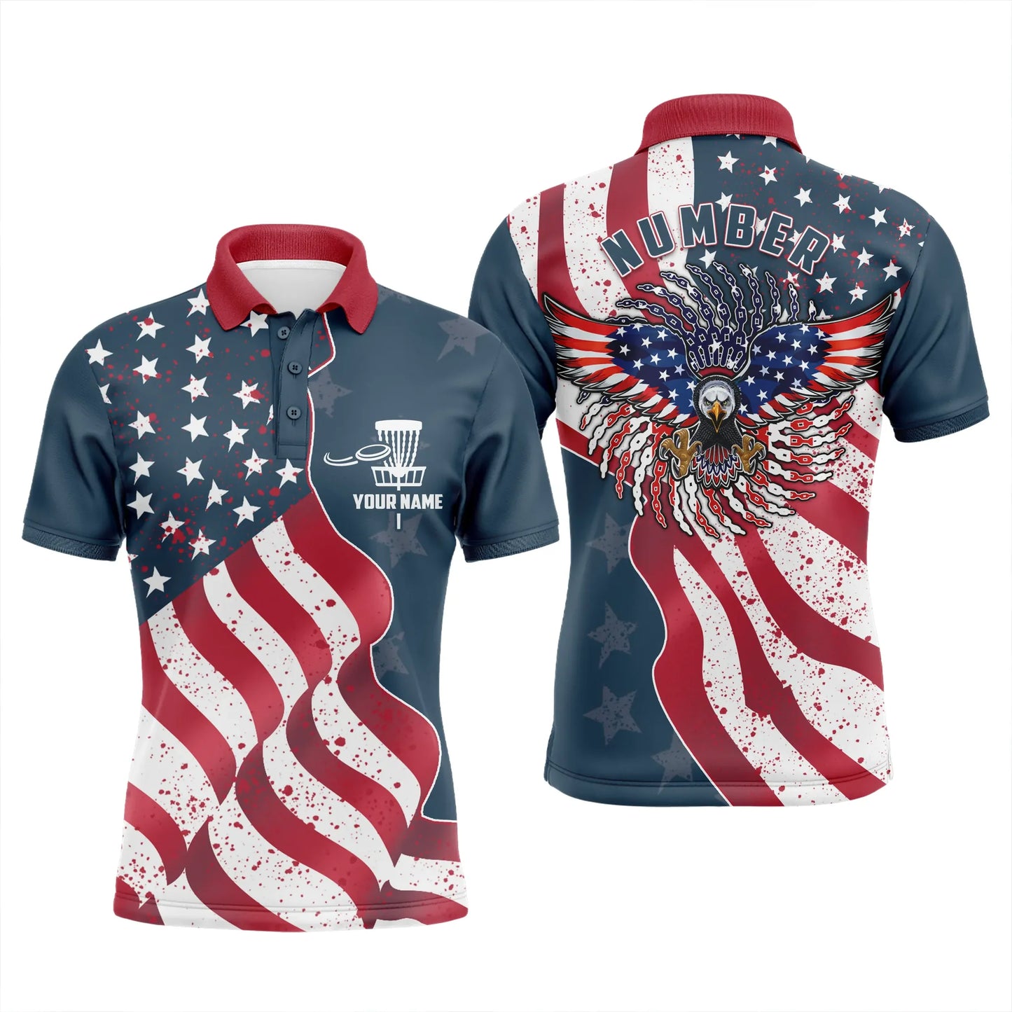 Disc Golf Men Polo Shirt - Custom Name And Number Eagle American Flag Apparel - Personalized Gift For Disc Golf Lover, Male, Husband, Patriot, Team