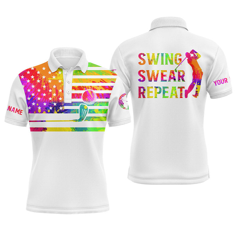 Golf Men Polo Shirt - Funny Watercolor American Flag Custom Name White Apparel - Personalized Gift For Golf Lover, Team, Golfers - Swing Swear Repeat