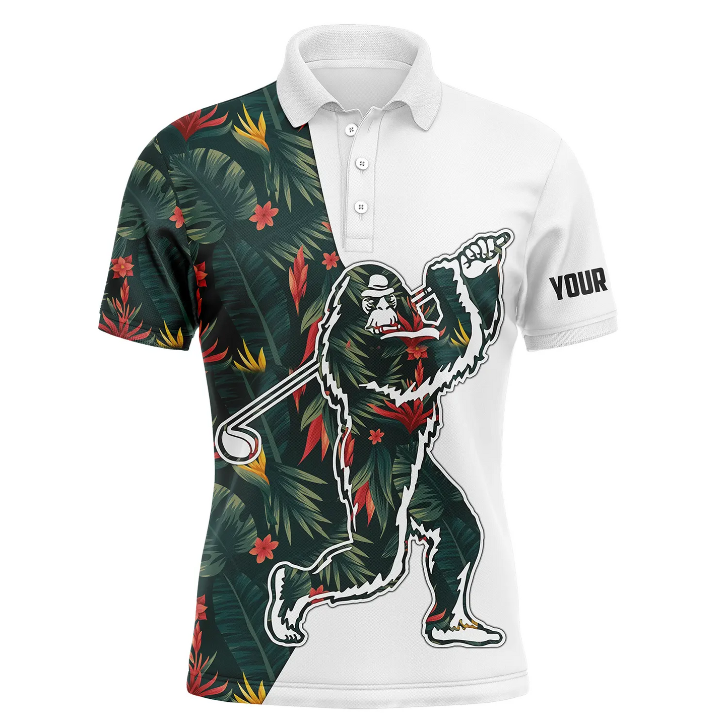 Bigfoot Golf Men Polo Shirt - Funny Tropical Flowers Pattern Custom Name Sasquatch Playing Golf Apparel - Personalized Gift For Golf Lover, Men