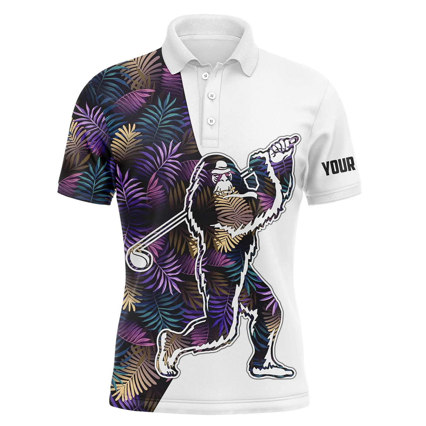 Bigfoot Golf Men Polo Shirt, Funny Colorful Tropical Leaves Pattern Sasquatch Playing Golf Custom Name Apparel, Personalized Gift For Golf Lover, Team
