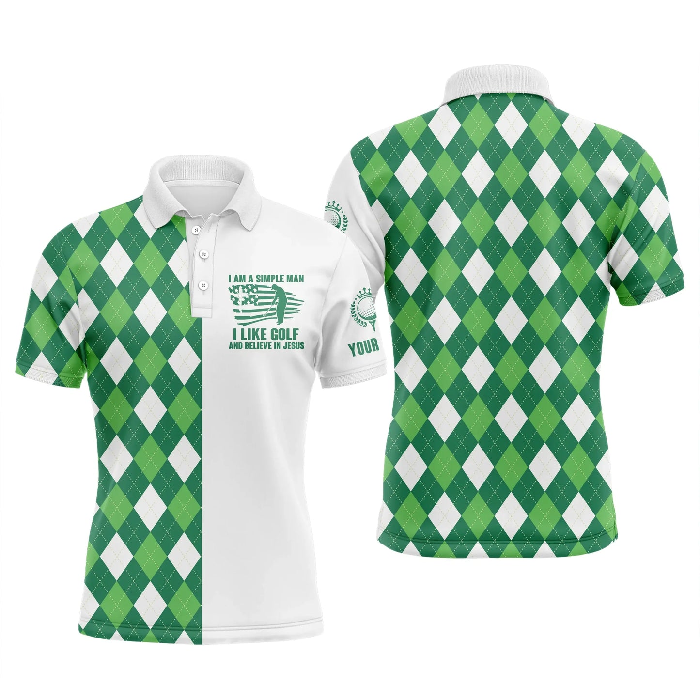Golf Men Polo Shirt - Custom Name Green Argyle Plaid Apparel - Personalized Gift For Golf Lover - I'm A Simple Man I Like Golf And Believe In Jesus