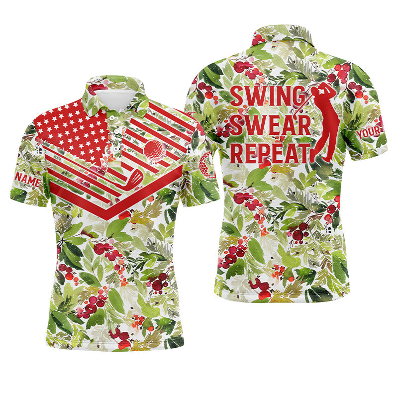 Golf Men Polo Shirt - Christmas Pattern American Flag Custom Name Black - Personalized Gift For Golf Lover, Team - Swing Swear Repeat