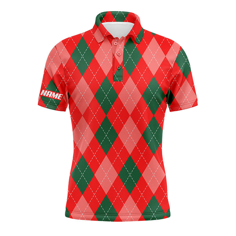 Golf Men Polo Shirt - Christmas Plaid Red Argyle Pattern Custom Name Apparel - Personalized Gift For Golf Lover, Men, Husband, Team, Boyfriend