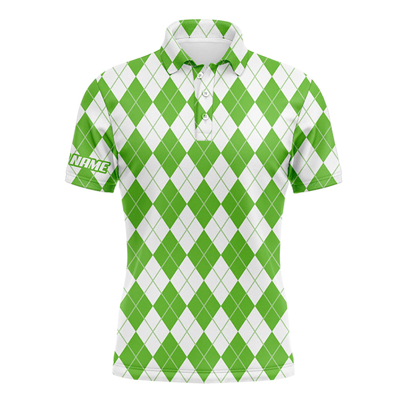 Golf Men Polo Shirt - Christmas Plaid Green And White Argyle Pattern Custom Name Apparel - Personalized Gift For Golf Lover, Men, Husband, Team