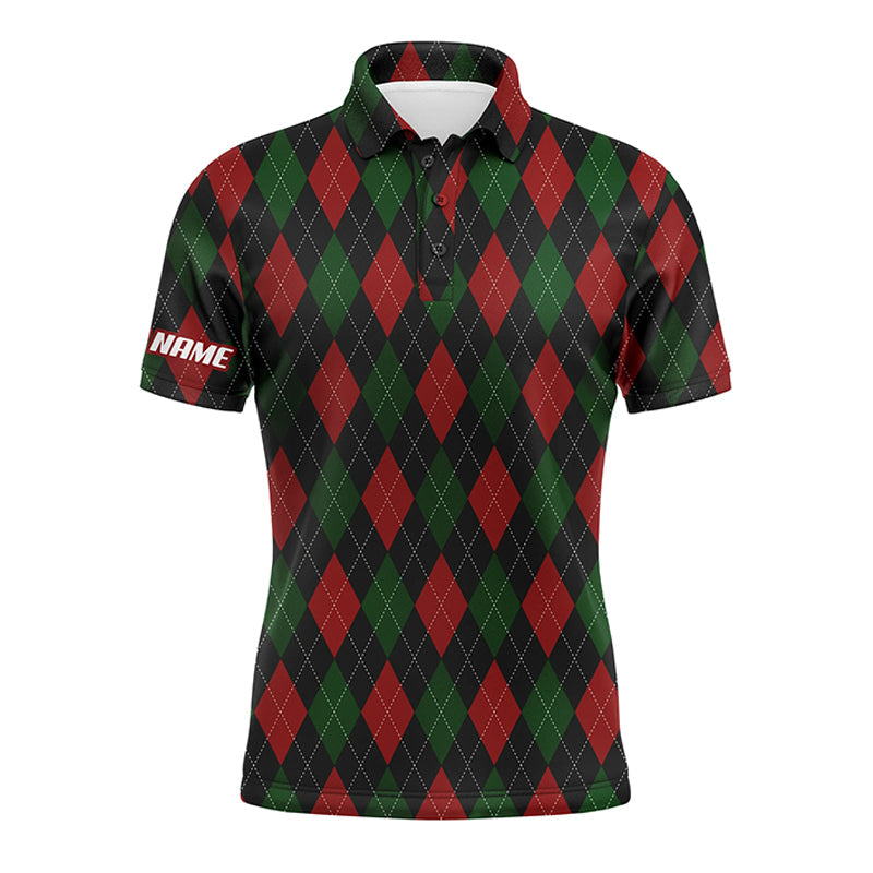 Golf Men Polo Shirt - Christmas Plaid Argyle Pattern Custom Name Apparel - Personalized Gift For Golf Lover, Men, Husband, Boyfriend, Team