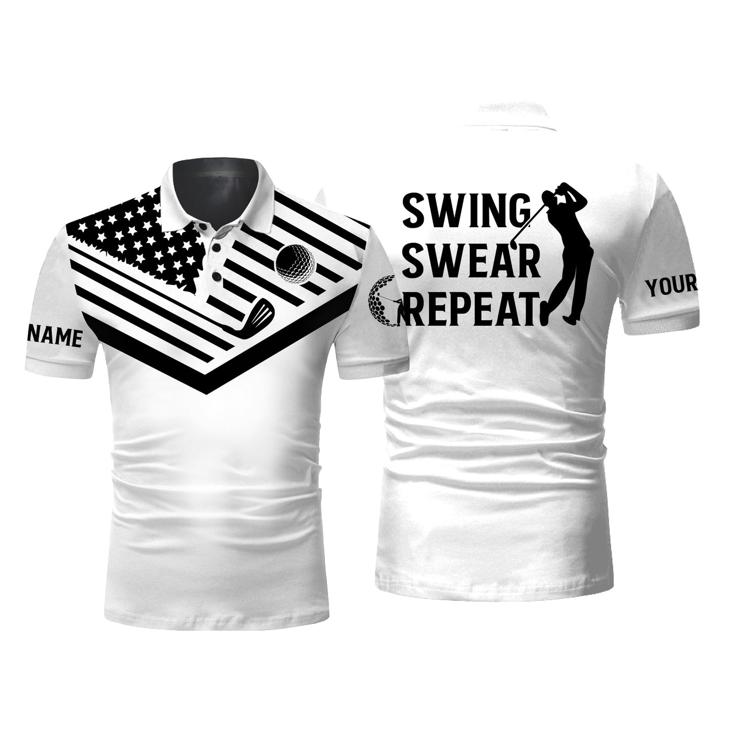 Golf Men Polo Shirt - Custom Name Black American Flag 4th July Apparel - Personalized Gift For Golf Lover, Male, Husband, Team - Swing Swear Repeat