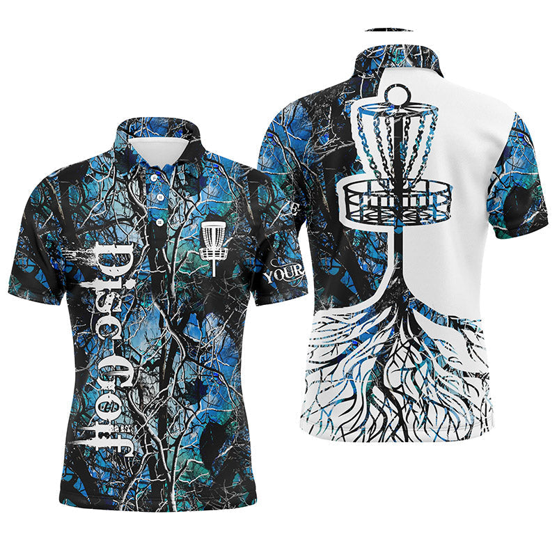 Disc Golf Men Polo Shirt - Custom Name Blue Camo Disc Golf Basket Apparel - Personalized Gift For Disc Golf Lover, Men, Husband, Boyfriend, Team