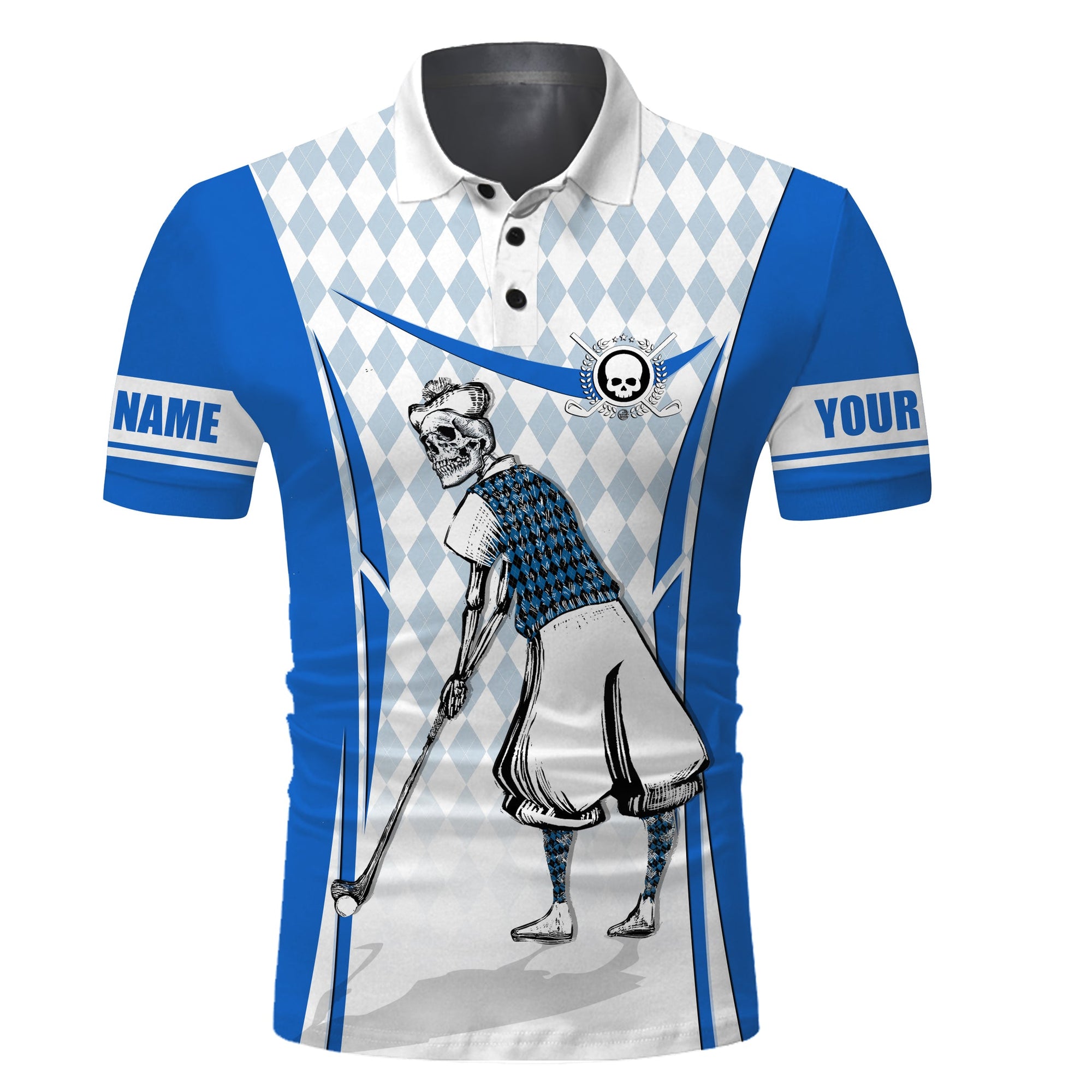 Golf Custom Name Men Polo Shirt - Blue Argyle Pattern Skull Apparel - Personalized Best Gift For Golf Lover, Team, Golfer