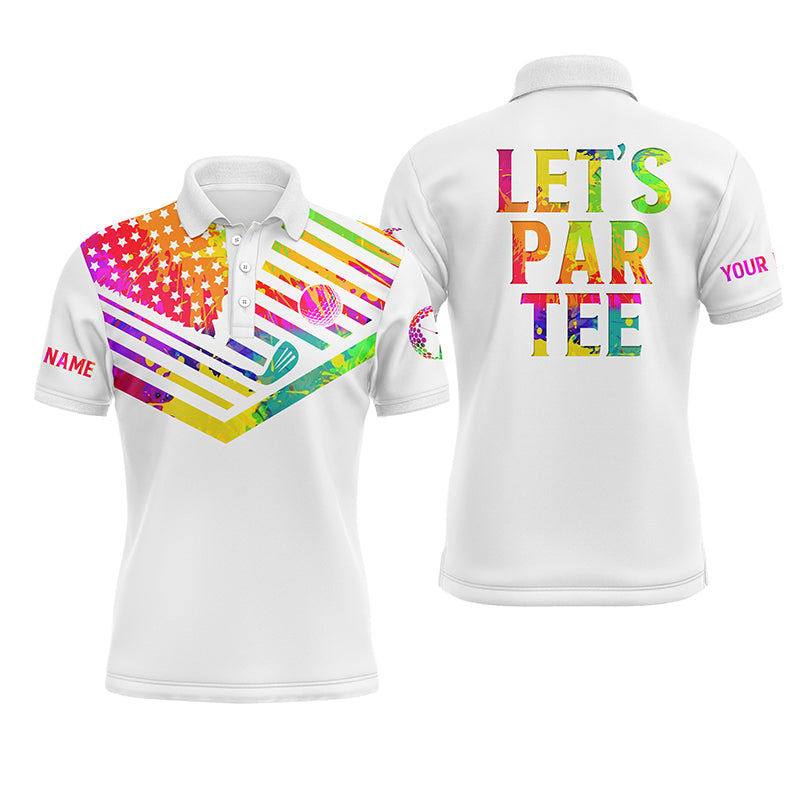 Golf Men Polo Shirt - Watercolor American Flag Patriot Custom Name White Apparel - Personalized Gift For Golf Lover, Team, Golfer - Let’s Par Tee