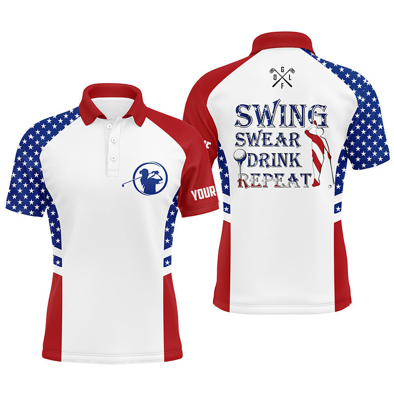 Golf Men Polo Shirt - American Flag Patriotic Custom Name White Apparel - Personalized Gift For Golf Lover, Team, 4th July - Swing Swear Drink Repeat