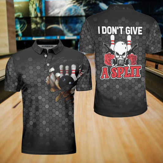 I Don't Give A Split Polo Shirt, Black Skull Bowling Polo Shirt For Bowlers, Cool Bowling Gift Idea