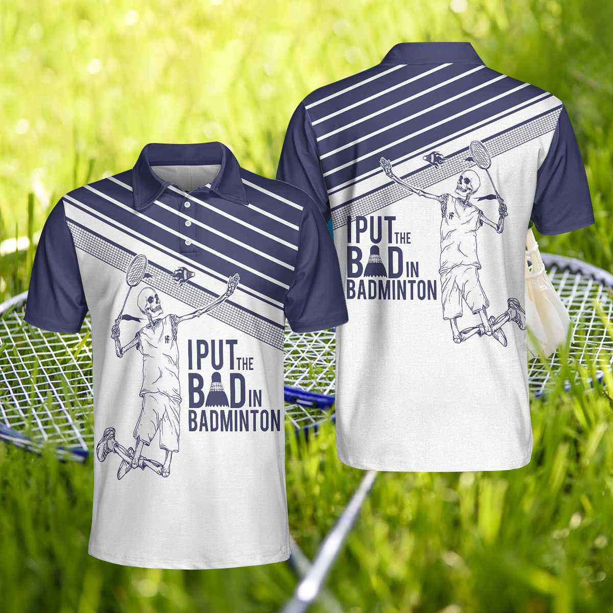 Skeleton Badminton Player Men Polo Shirt, I Put The Bad In Badminton Skull Polo Shirt, Best Badminton Shirt For Men, Gift For Badminton Lovers