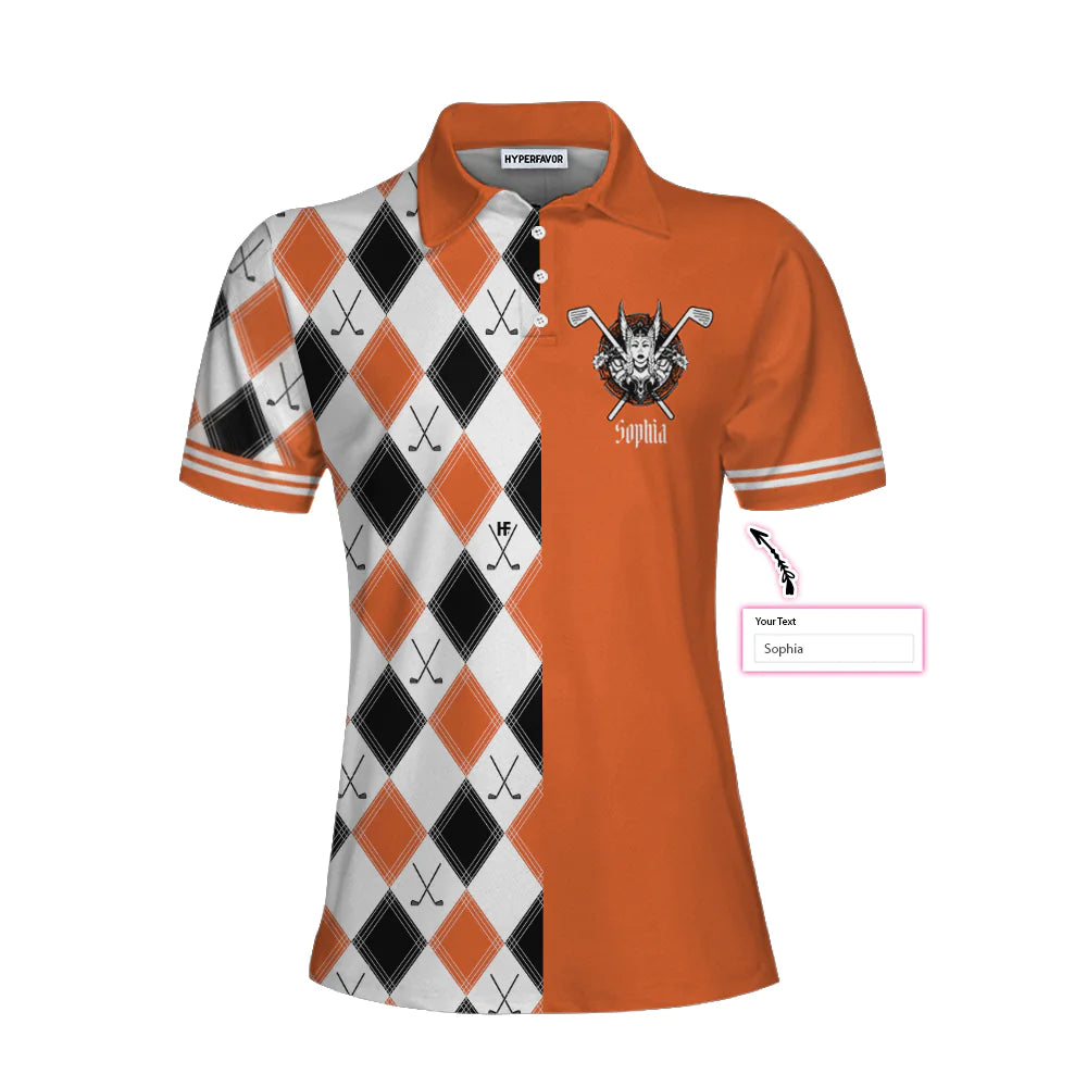 Personalized Orange Argyle Pattern Golf Women Polo Shirt, In A World Full Of Princesses Be A Valkyrie & A Golfer Custom Short Sleeve Shirt