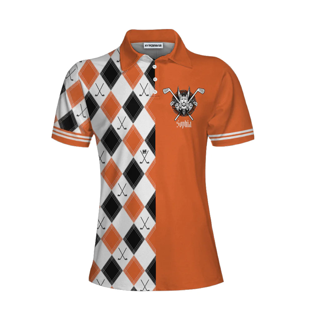 Personalized Orange Argyle Pattern Golf Women Polo Shirt, In A World Full Of Princesses Be A Valkyrie & A Golfer Custom Short Sleeve Shirt