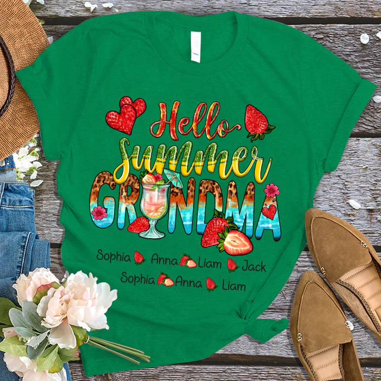 Grandma And Kids Custom Name T-shirt, Mother's Day Shirt, Hello Summer Strawberry Grandma And Kids Personalized Shirt - Perfect Gift For Nana, Mimi, Grandma