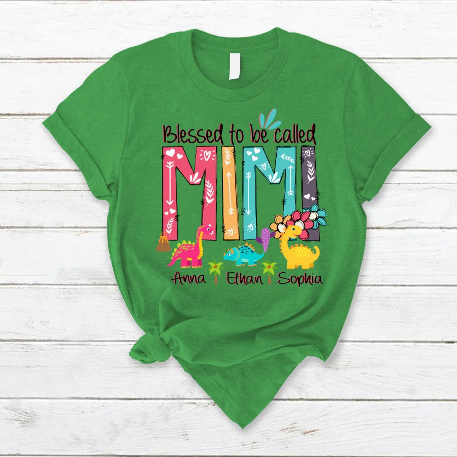 Mimi and Kids Custom Name T-shirt, Blessed To Be Called Mimi Dinosaur Personalized Shirt - Perfect Gift For Gigi, Nana, Mimi, Grandma