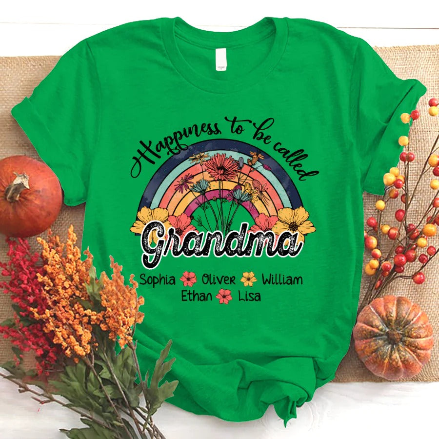 Grandma and Kids Custom Name T-shirt, Vintage Flower Happiness To Be Called Grandma By Grandkids Personalized Shirt - Perfect Gift For Gigi, Nana, Mimi, Grandma