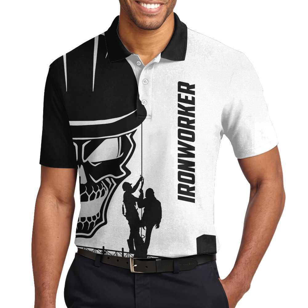 Ironworker Skull Short Sleeve Polo Shirt, Black Silhouette Skull Polo Shirt, Ironworker Shirt For Men