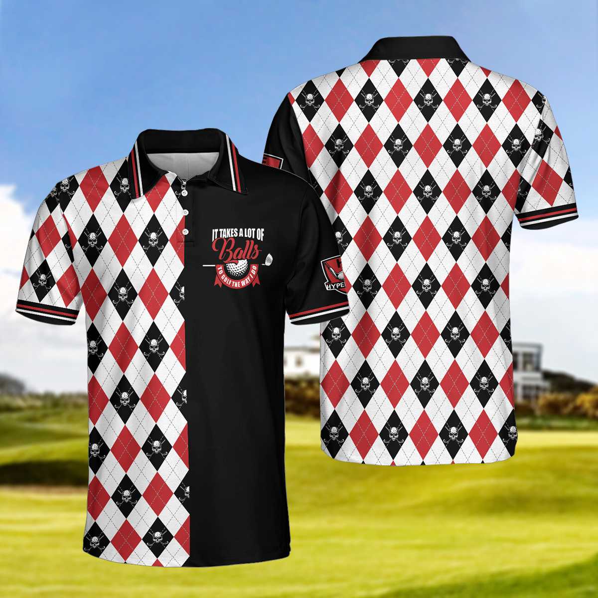 It Takes A Lot Of Balls Red Black And White Pattern Men Polo Shirt, Argyle Pattern Skull Golf Shirt For Men