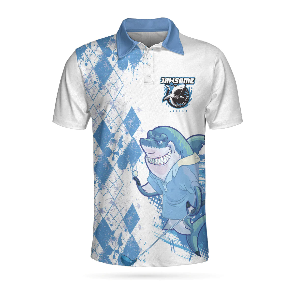 White And Blue Argyle Pattern American Flag Shark Golfer Men Polo Shirt, Jawsome Golfer Shark Golf Short Sleeve Polo Shirt, Best Golf Shirt For Men